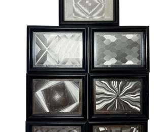 Set Of 7 Vintage Framed Chrome Geometric Op Art Wall Art Plaques Black Frames
