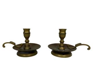 Vintage Pair Of Solid Brass Chamberstick Candle Holders With Finger Loop Handles