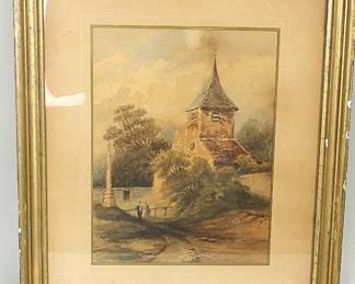 Antique Original Watercolor & Pastel Landscape Painting Framed European Church Scene