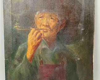 Vintage Acrylic On Canvas Portrait Painting Of Elderly Woman Signed, Signature Illegible