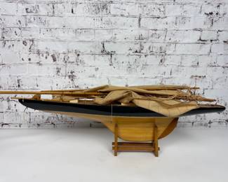 Unmarked Wooden Sailboat Model Project With Display Stand