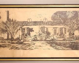 Vintage Mid-Century Woodblock Print Of Spanish Courtyard Scene Framed Architectural Artwork