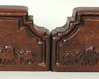 Pair Of Antique Hand-Carved Wooden Bookends With Camel & Pyramid Motif