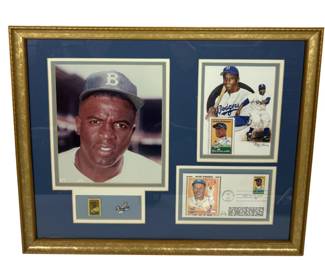 Framed Jackie Robinson Commemorative Display Photo, First Day Issue Stamp Cover & Dodgers