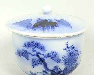 Antique Japanese Blue & White Porcelain Covered Rice Bowl