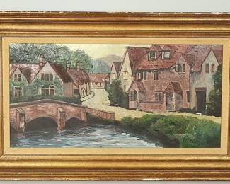 H. Kamer Vintage Oil On Canvas Landscape Painting Framed Impressionist Village Scene