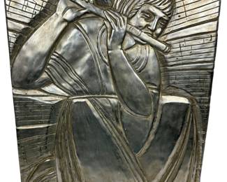 Art Deco Silver & Mixed Metal Relief Wall Plaque Depicting Female Flutist