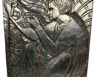 Art Deco Style Silver Relief Wall Plaque Of Seated Figure With Partial Silver Construction