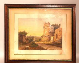 Antique European Countryside Watercolor Painting Framed Architectural Landscape, Circa Early