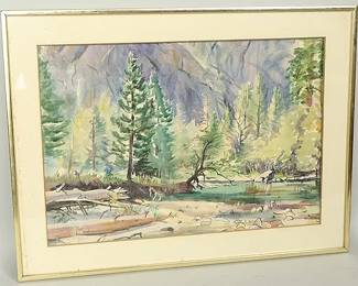 Original Watercolor Landscape Painting Framed Mountain And Forest Nature Scene