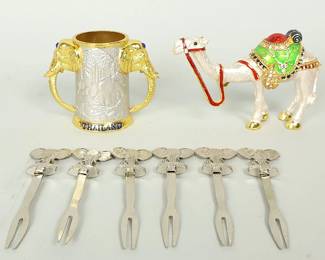 Collection Of Thailand Souvenirs & Decorative Items Elephant Picks, Trinket Holder & Jeweled Camel