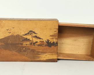 Vintage Japanese Inlaid Wooden Sliding Lid Box Scenic Mount Fuji Landscape Design