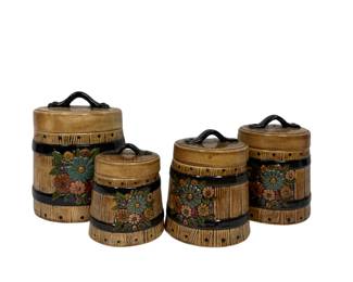 Vintage Davar 1980 Barrel Canister Set Of 4 Ceramic Cookie Jars Floral Faux Wood Kitchen Storage