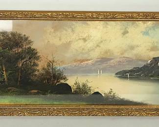 Antique Framed Watercolor Landscape Panoramic Lake And Mountain Scene