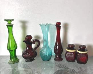 064 lotofcoloredglassbottlesvases
