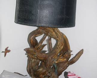 Driftwood hand carved vintage lamp with leather lamp shade 