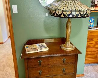 Lovely antique dresser, lamp and wall mirror