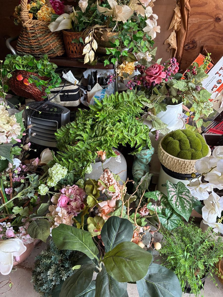 Silk/ artificial plants of all types and sizes and other garden decor