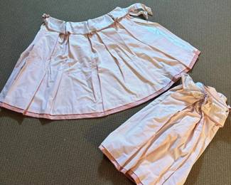 158 pairofvintagepinkstripedtableskirt