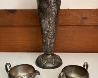 213 silveroncoppervaseandcreamerbowls
