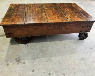 Old freight cart with solid wood and rubber coated steel wheels, great condition 