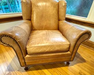 Bradington-Young Leather Wingback Lounge Chair & Matching Ottoman, Nailhead Trim