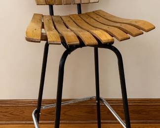 Sculptural Bentwood Slat Bar Stool with Black Metal Frame & Chrome Footrest