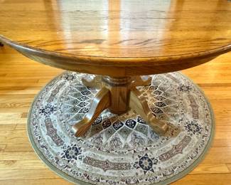 Solid Oak Round Pedestal Dining Table with Carved Column & Four-Leg Base