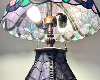 Double Lighted Leaded Stained Glass Floral Table Lamp