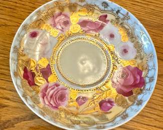 Hand-Painted Pink Rose Porcelain Saucer with Heavy Gold Gilt Decoration