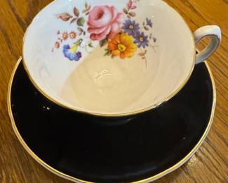 Royal Grafton Fine Bone China Floral Teacup & Black Saucer, England