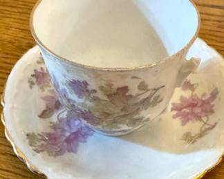 Hand-Painted Floral Porcelain Teacup & Saucer with Gold Trim