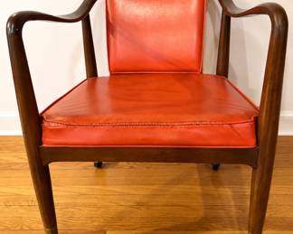 Mid-Century Sculptural Walnut Armchair, Red Upholstery, Brass Casters