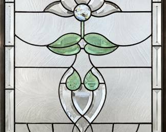 Art Nouveau Style Leaded Stained Glass Window Panel with Beveled Glass & Green Floral Motif