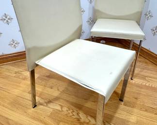 Pair of Contemporary White Upholstered Dining Chairs with Polished Chrome Legs