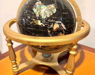 Pietra Dura Gemstone World Globe with Brass Stand and Compass