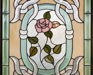 Art Nouveau Style Leaded Stained Glass Rose Window Panel with Beveled Glass & Green Border