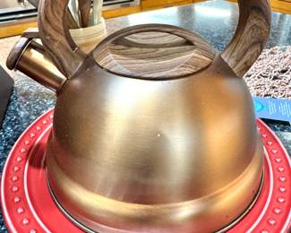 Brushed Copper Whistling Tea Kettle with Wood-Grain Handle