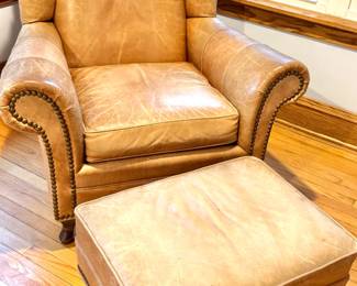 Bradington-Young Leather Wingback Lounge Chair & Matching Ottoman, Nailhead Trim