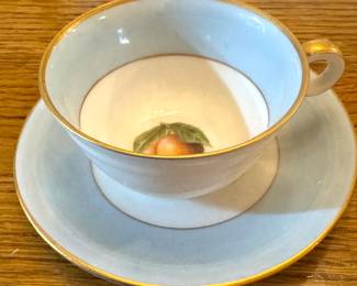 Limoges France Hand-Painted Fruit Porcelain Teacup & Saucer with Gold Trim