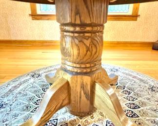 Solid Oak Round Pedestal Dining Table with Carved Column & Four-Leg Base