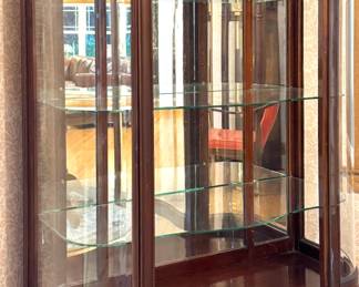 French Louis XV Revival Mahogany Curved Glass Bow-Front Curio Display Cabinet with Carved Details & Glass Shelves