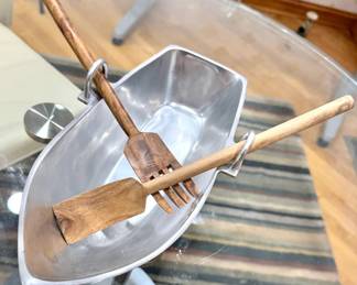 Godinger Aluminum Boat-Shaped Serving Bowl with Wooden Salad Utensils