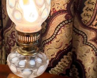 Fenton Style Coin Dot Opalescent Glass Electric Hurricane Lamp with Brass Base