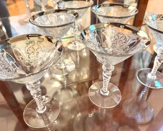 Silver Overlay Etched Crystal Champagne / Cocktail Coupes with Twisted Stems, Set of 8