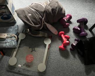 Electric blanket, heating pads, hand weights, weight watchers scale
