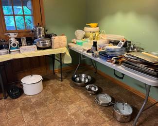 Pots & pans, bakeware, pie tins, Vintage Pyrex, coffee grinder (in box), coffee percolater