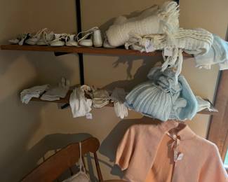 Vintage baby clothes, baby shoes, baby blankets, vintage gloves.