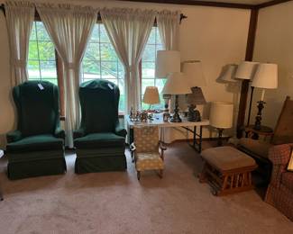 Vintage high back green chairs, lamps, gliding rocker with foot rest