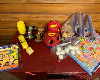 Kids toys and puzzles, vintage wooden blocks, vintage Tupperware shape-o-ball